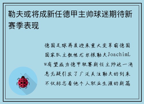 勒夫或将成新任德甲主帅球迷期待新赛季表现