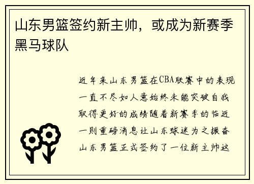山东男篮签约新主帅，或成为新赛季黑马球队