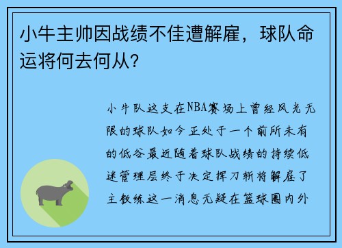 小牛主帅因战绩不佳遭解雇，球队命运将何去何从？